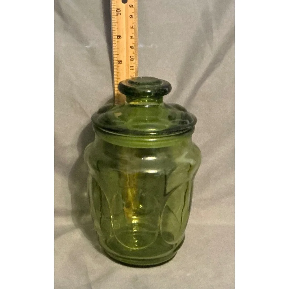 Vintage Green Glass Apothecary Canister Thumbprint Jar with Lid 8.25